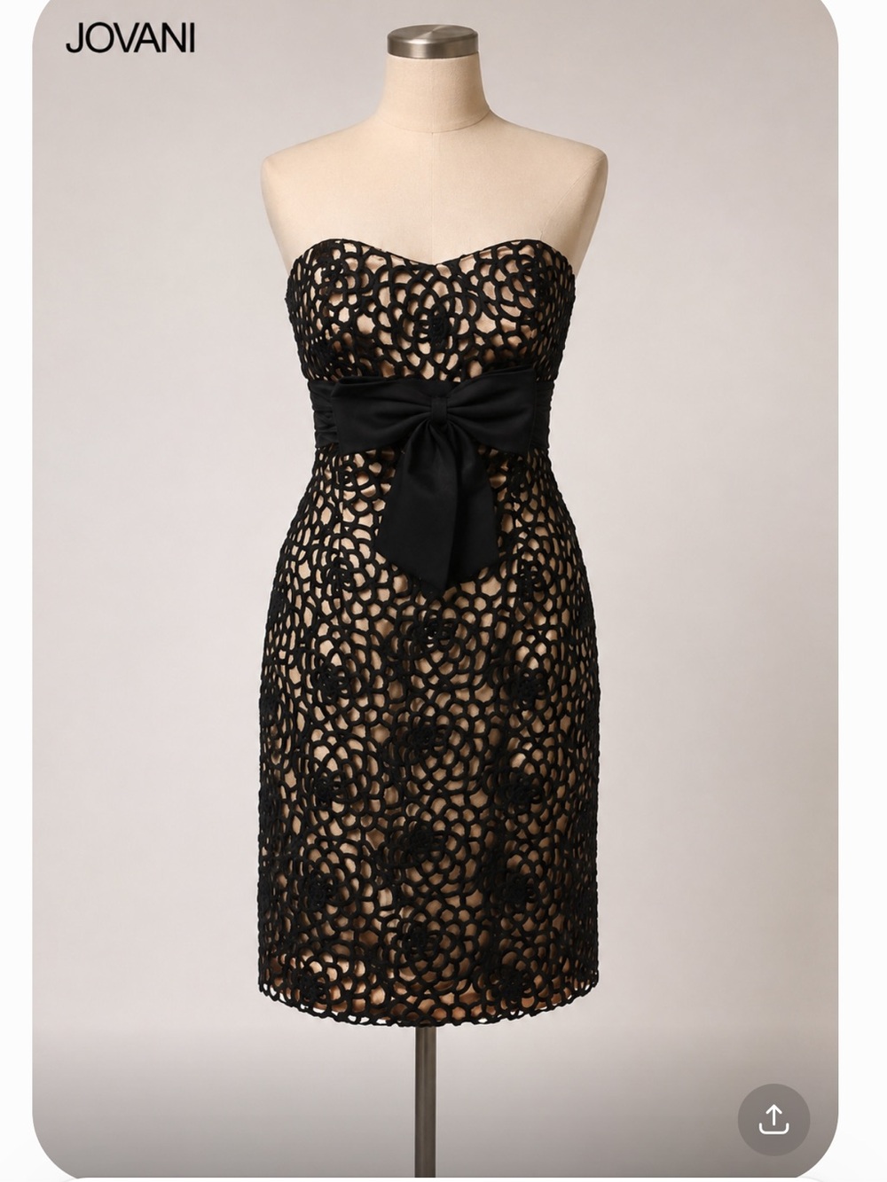 Jovani Black Strapless Lace Sheath Dress with Bow